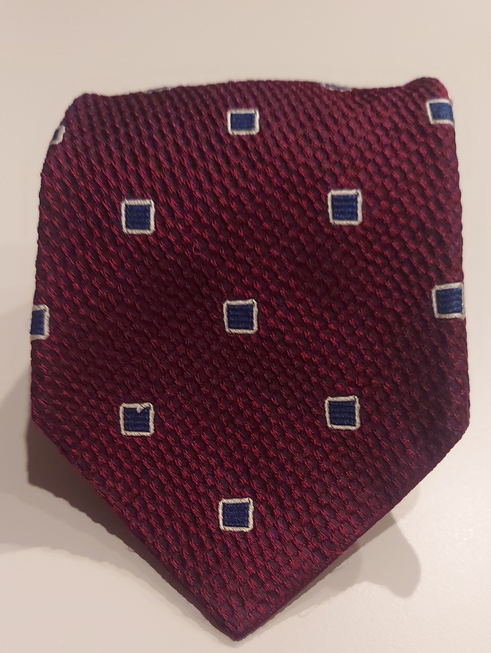Vintage Roundtree & Yorke Burgundy Silk Tie with Blue Square Motif